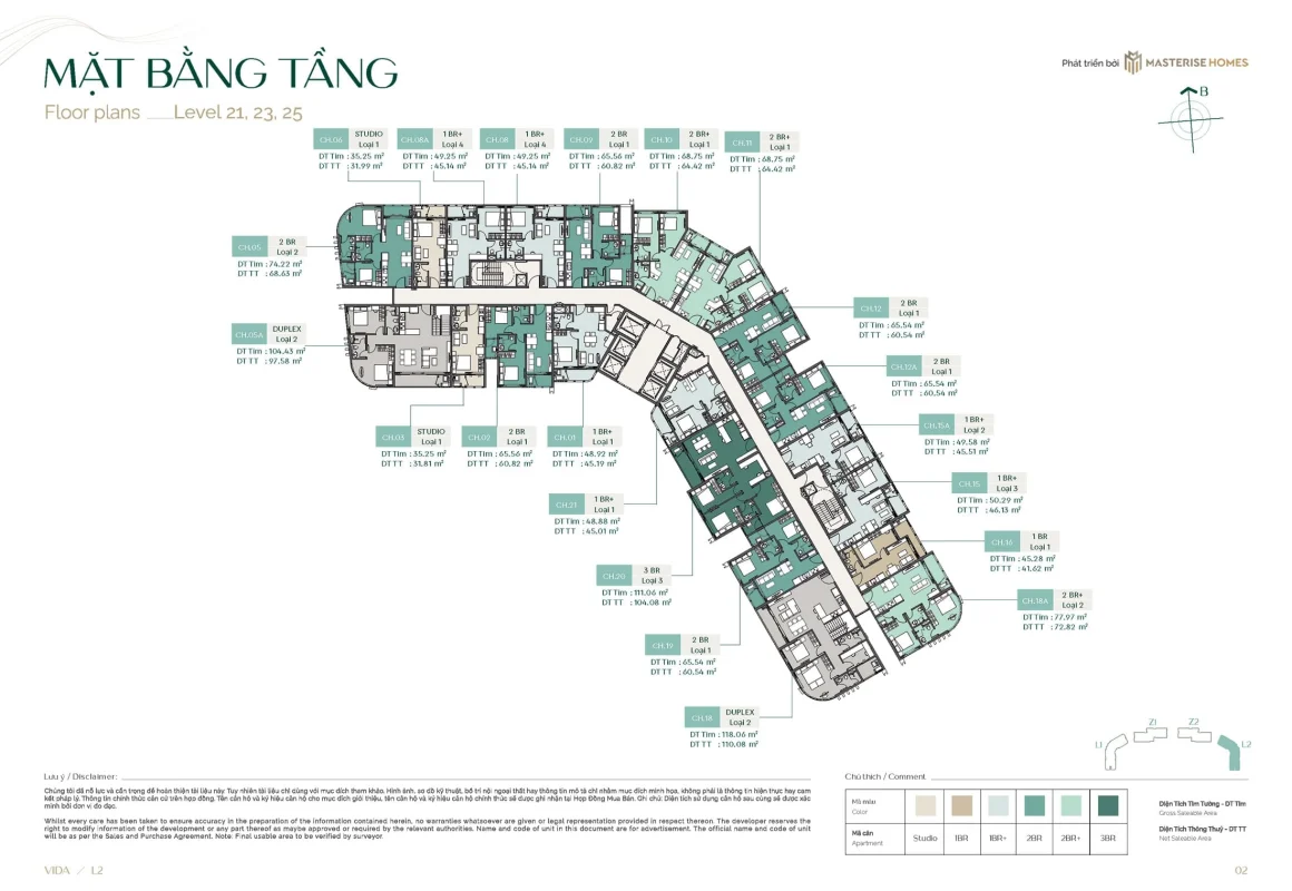 Mặt bằng điển hình Tầng 21, Tầng 23 và Tầng 25 tòa L2 Vida dự án căn hộ Lumière SpringBay.