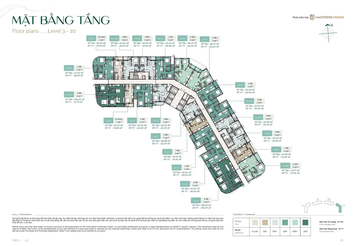 Mặt bằng điển hình Tầng 3 đến Tầng 20 tòa L2 Vida dự án căn hộ Lumière SpringBay.