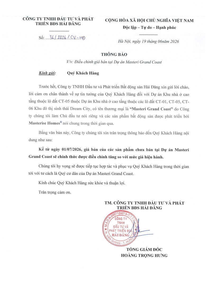 Thông báo Điều chỉnh tăng giá bán dự án Masteri Grand Coast từ ngày 01/07/2026