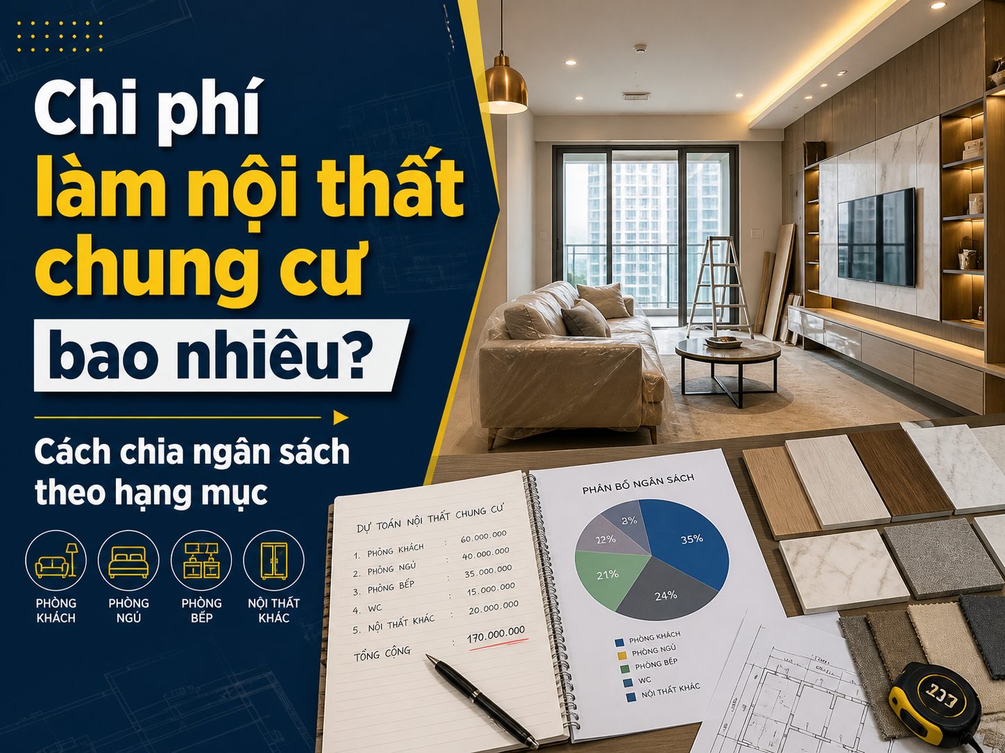 Chi phí làm nội thất chung cư bao nhiêu? Cách chia ngân sách theo hạng mục