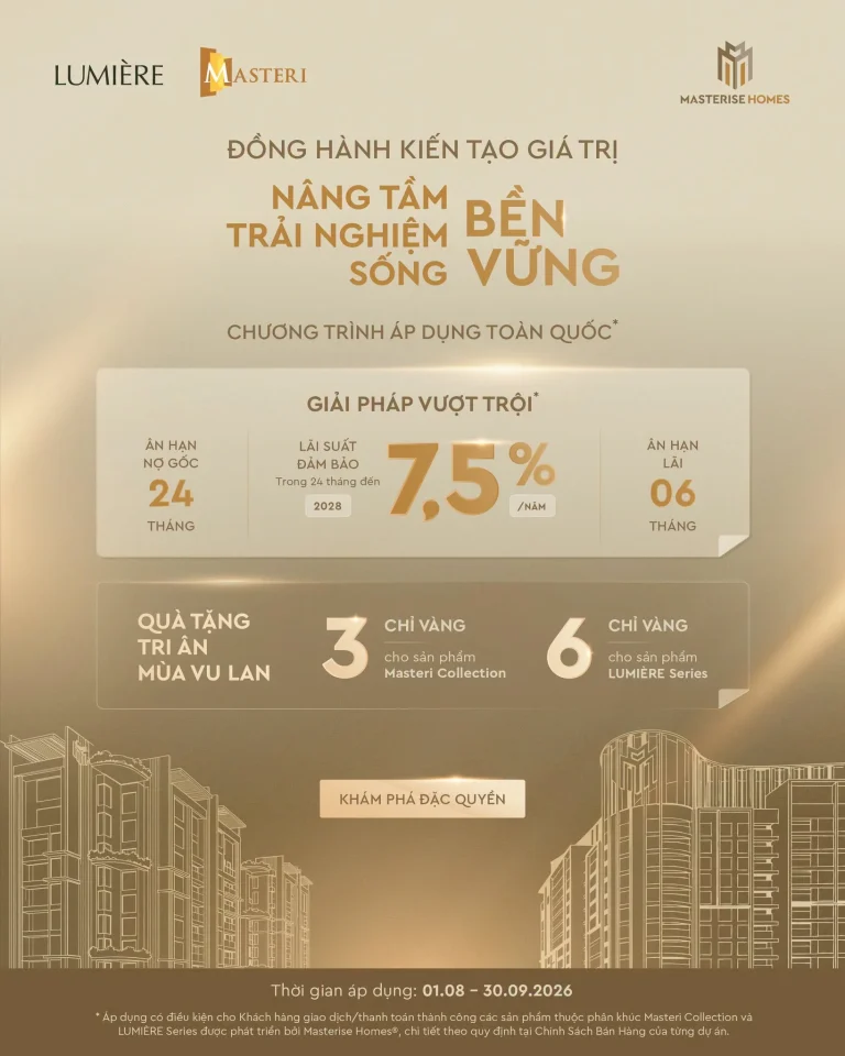 Masterise Homes ưu đãi lãi suất 7,5%/năm, tặng vàng mùa Vu Lan 2026