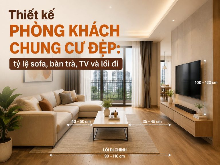 Thiết kế phòng khách chung cư đẹp: tỷ lệ sofa, bàn trà, TV và lối đi